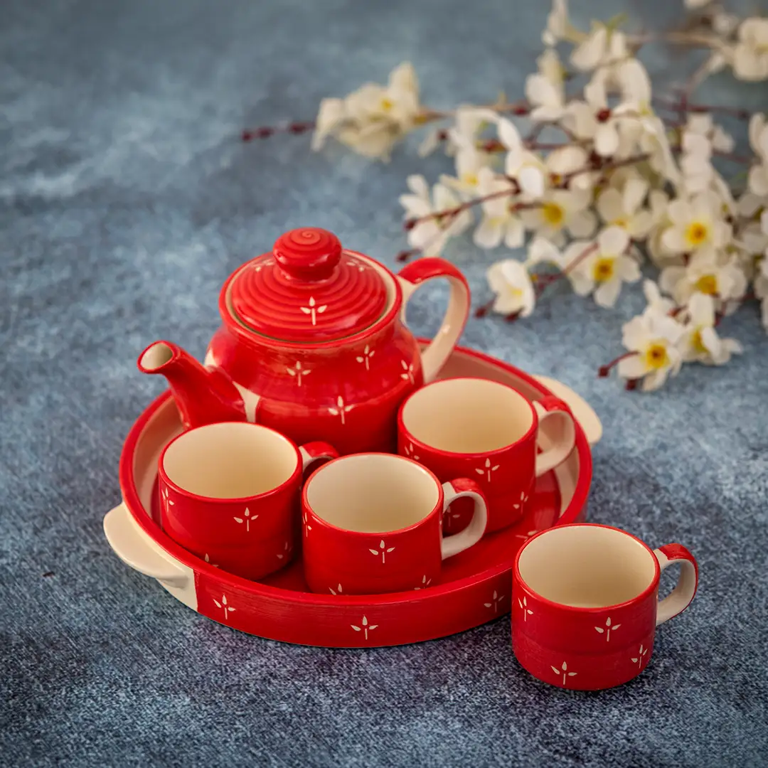 Art Deco Crimson Petal Hand-Painted Ceramic 6- Piece Tea Set Art Deco Crimson Petal Hand-Painted Ceramic 6- Piece Tea Set - Image 1