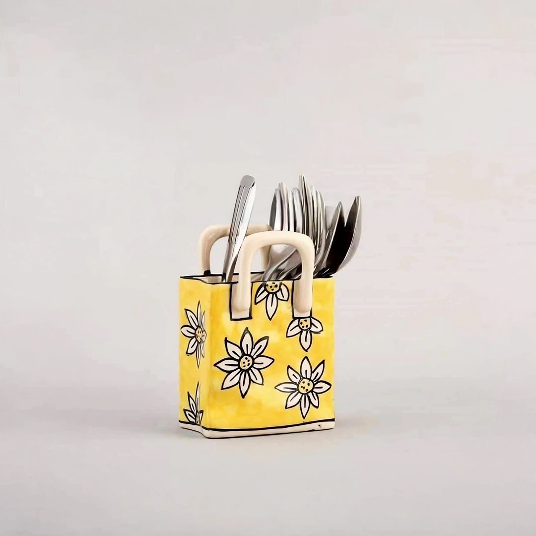 Art Deco Yellow Sunflower Bloom Hand-Painted Spoon Holder Art Deco Yellow Sunflower Bloom Hand-Painted Spoon Holder - Image 1