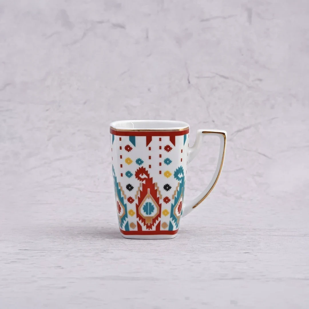 Burgundy & Teal Bloom White Base Jamdani Motif Hand-Painted Ceramic Mug Burgundy & Teal Bloom White Base Jamdani Motif Hand-Painted Ceramic Mug - Image 1
