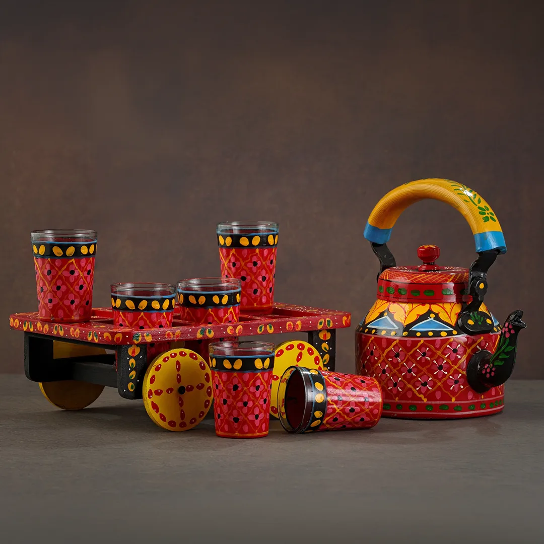Crimson Artisanal Chariot Floral Rickshaw-Art Hand-Painted Tea Kettle Set Crimson Artisanal Chariot Floral Rickshaw-Art Hand-Painted Tea Kettle Set - Image 1