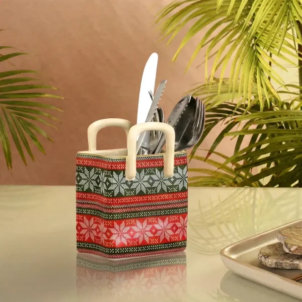 Crimson & Emerald Green Nakshikatha Motif Hand-Painted Spoon Holder