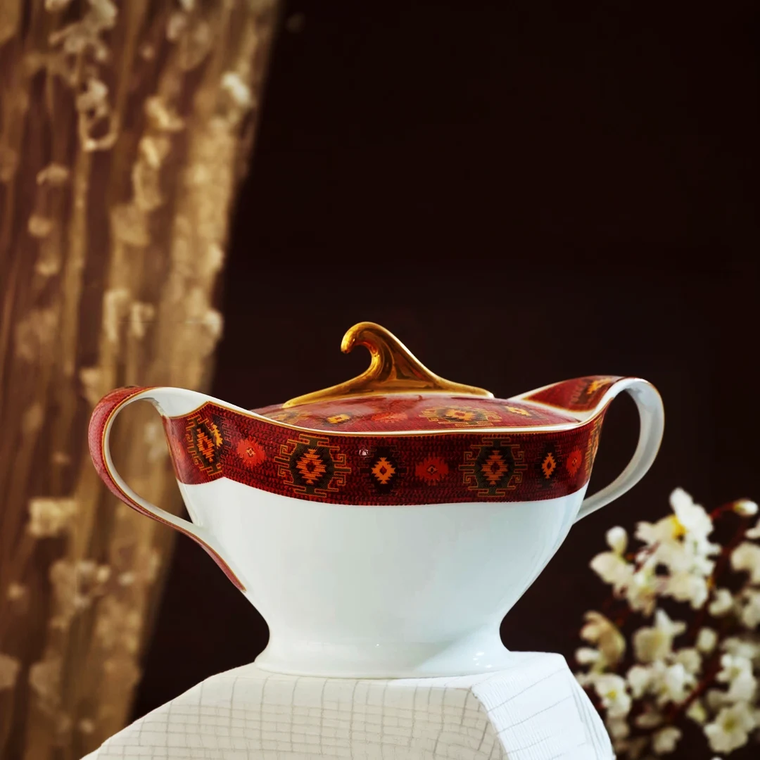 Crimson Jamdani-Inspired Hand-Painted Tureen with Gold Trimmed Lid Crimson Jamdani-Inspired Hand-Painted Tureen with Gold Trimmed Lid - Image 1