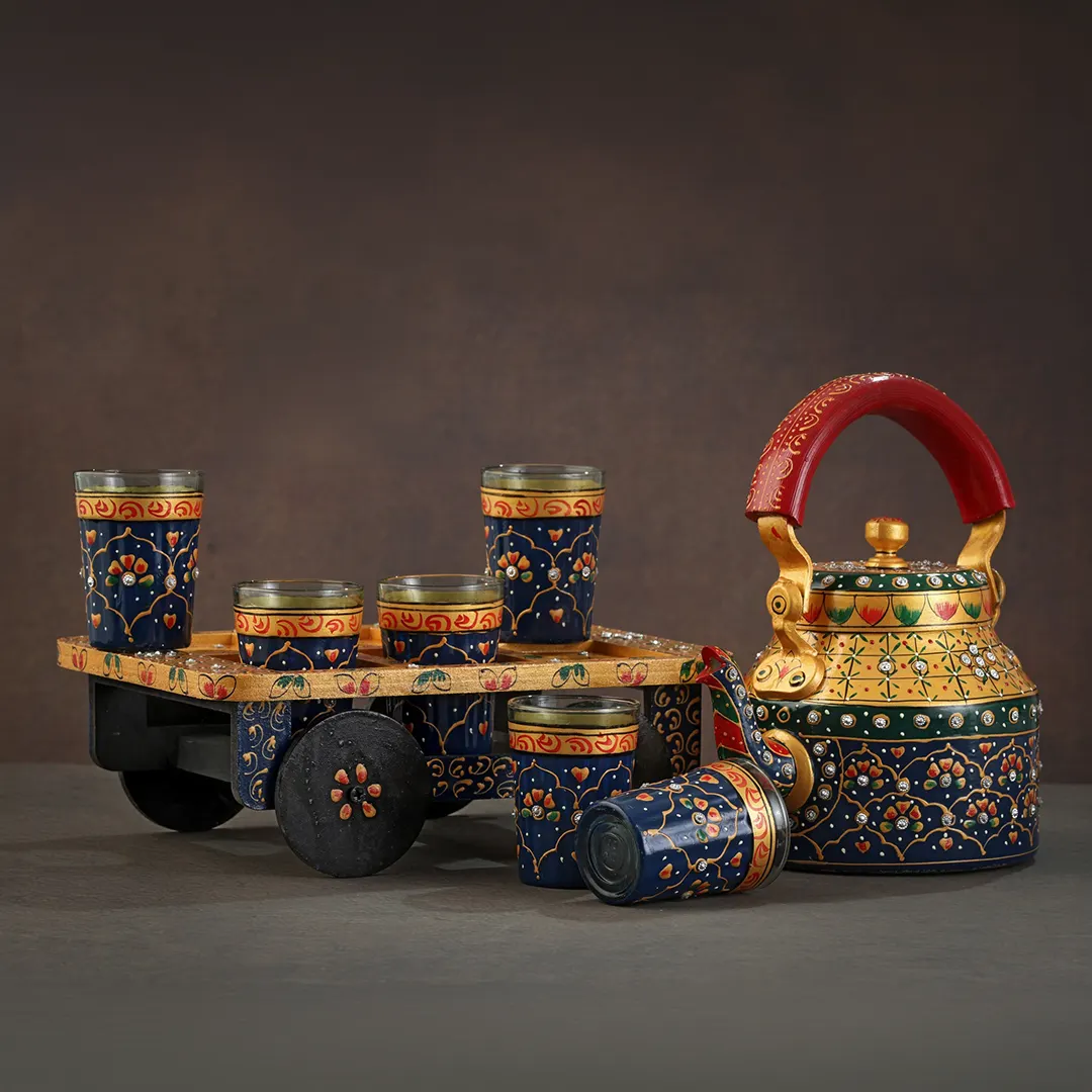 Emerald & Indigo Bloom Artisanal Chariot Floral Motif Tea Kettle Set Emerald & Indigo Bloom Artisanal Chariot Floral Motif Tea Kettle Set - Image 1