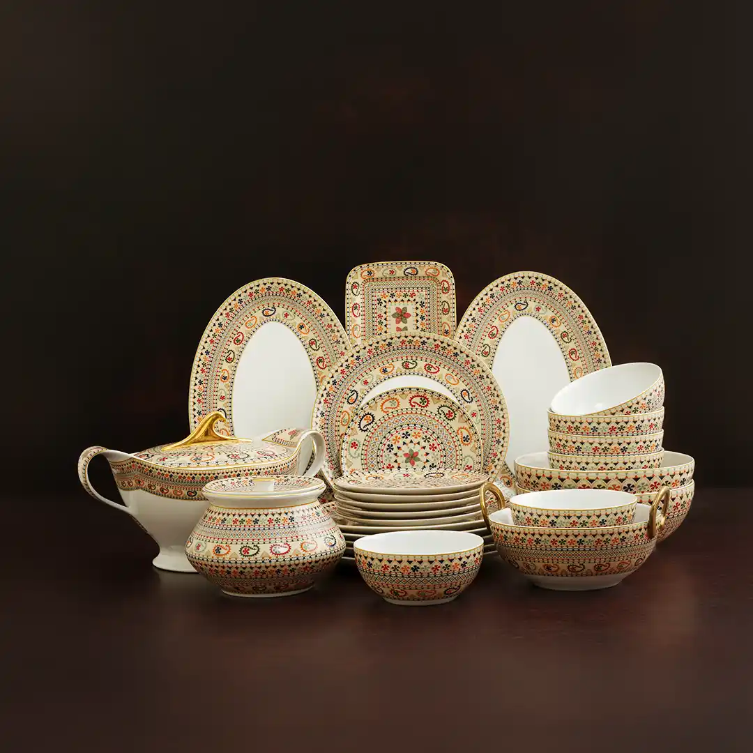 Ivory Shankha Motif Nakshikatha 26-Piece Dinnerware Set Ivory Shankha Motif Nakshikatha 26-Piece Dinnerware Set - Image 1