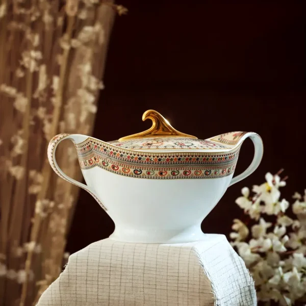 Ivory Shankha Motif Nakshikatha Tureen with Gold Trimmed Lid