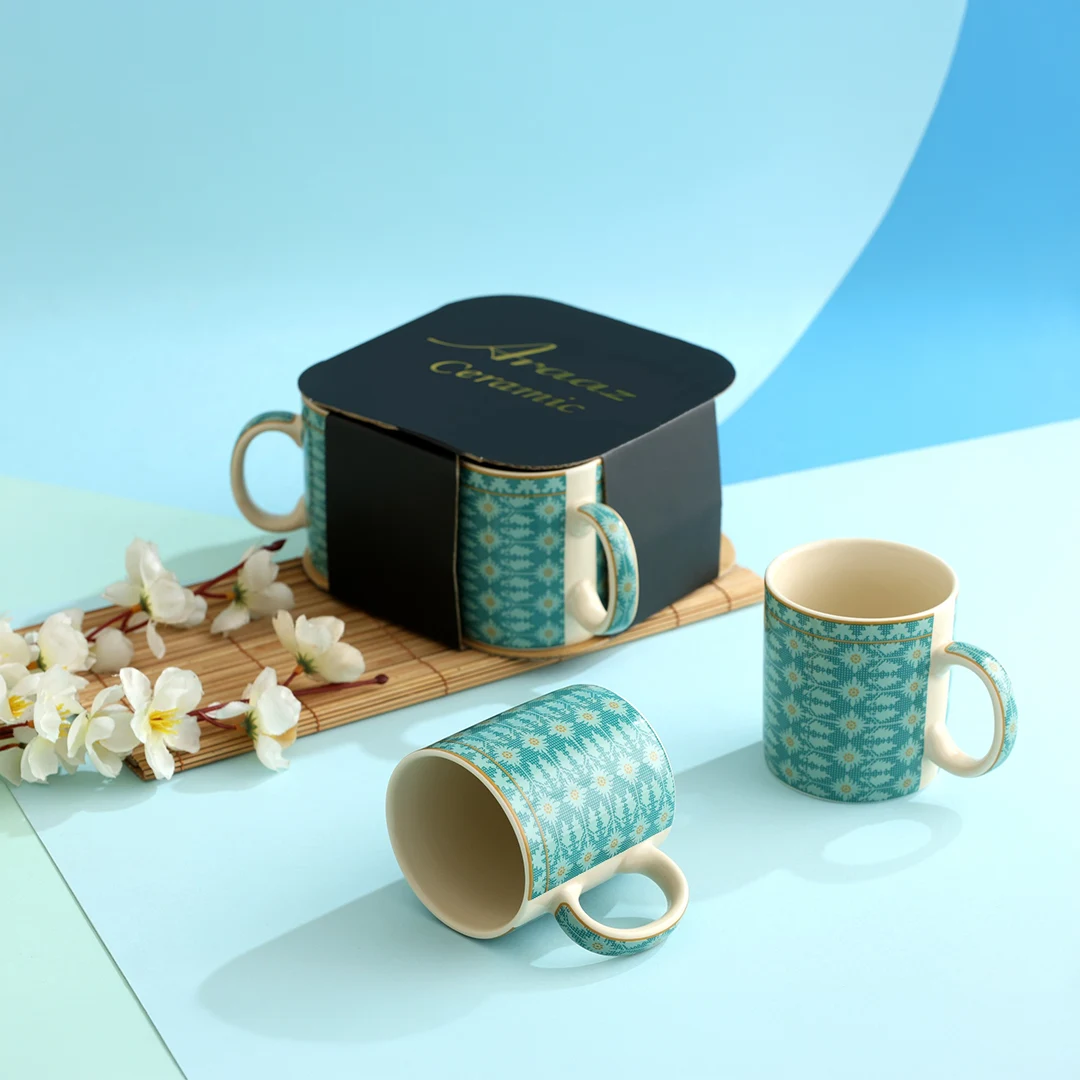 Misty Teal Gilded Jamdani Motif Mug Set Gift Box Misty Teal Gilded Jamdani Motif Mug Set Gift Box - Image 1