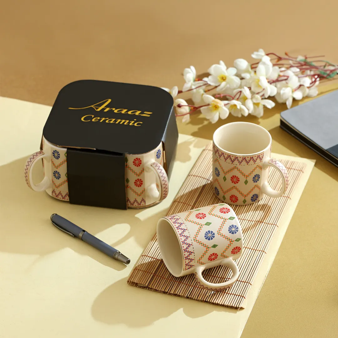 Nakshikatha Folk Embroidery Motif Hand-Painted Mug Set Gift Box Nakshikatha Folk Embroidery Motif Hand-Painted Mug Set Gift Box - Image 1
