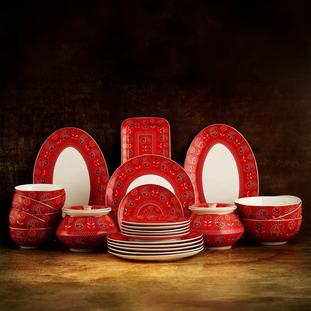 Scarlet Shankha Motif Nakshikatha 32-Piece Dinnerware Set Scarlet Shankha Motif Nakshikatha 32-Piece Dinnerware Set - Image 1