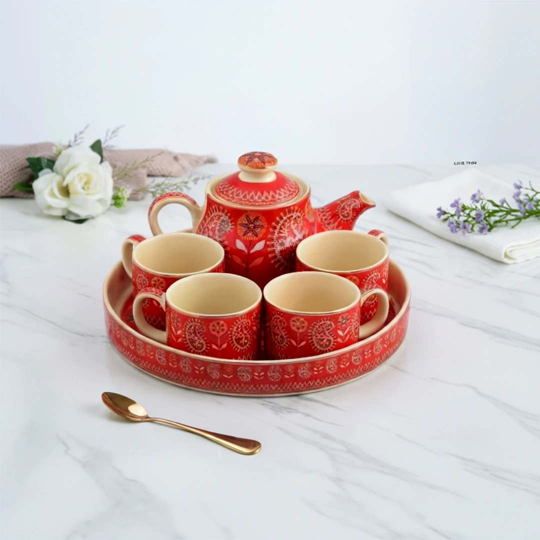 Scarlet Shankha Motif Nakshikatha 6- Piece Tea Set Scarlet Shankha Motif Nakshikatha 6- Piece Tea Set - Image 1