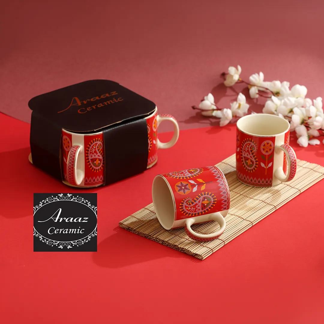Scarlet Shankha Motif Nakshikatha Mug Set Gift Box Scarlet Shankha Motif Nakshikatha Mug Set Gift Box - Image 1