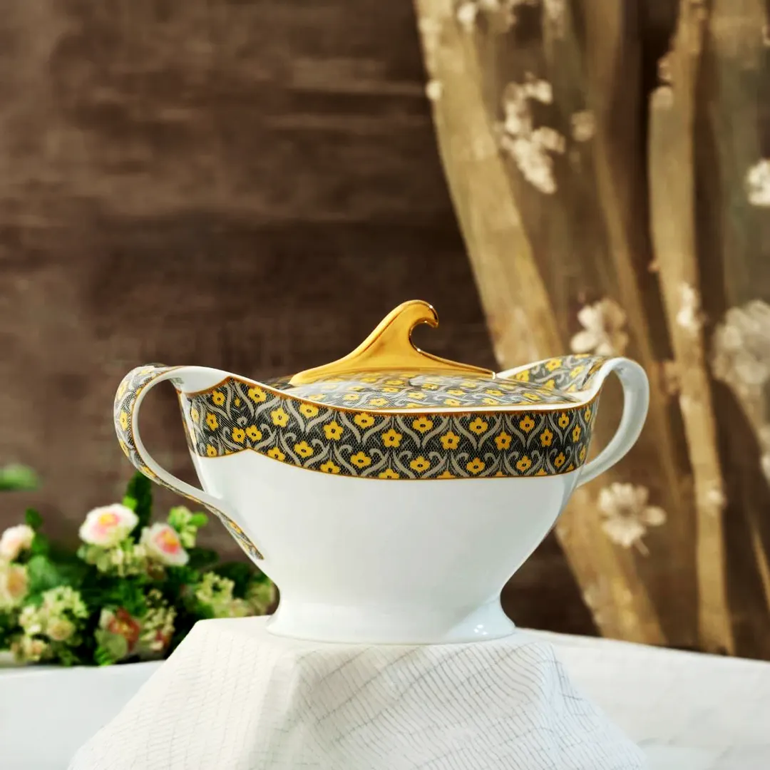 Slate Grey & Amber Bloom Jamdani Motif Tureen with Gold Trimmed Lid Slate Grey & Amber Bloom Jamdani Motif Tureen with Gold Trimmed Lid - Image 1