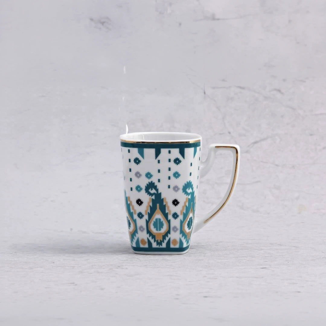 Teal & Ochre Jamdani Motif White Base Hand-Painted Ceramic Mug Teal & Ochre Jamdani Motif White Base Hand-Painted Ceramic Mug - Image 1