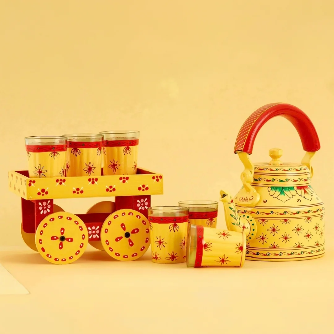 Yellow Artisanal Chariot Floral Motif Folk-Art Hand-Painted Tea Kettle Set Yellow Artisanal Chariot Floral Motif Folk-Art Hand-Painted Tea Kettle Set - Image 1