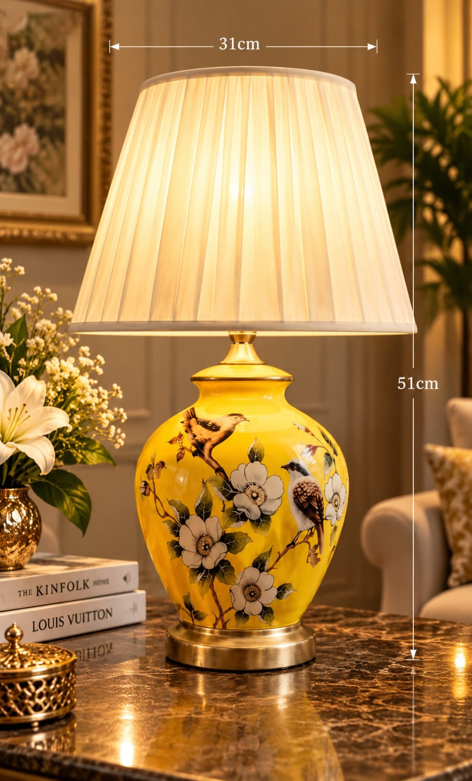 WhatsApp Image 2026-10-08 at 11.50.44 PM (2) Yellow Bird & White Floral Ceramic Table Lamp - Image 1